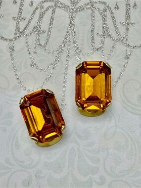 Vintage Amber Octagon Crystal Clip-On Earrings